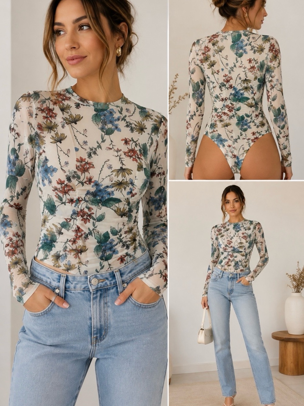 Steve Madden Floral Mesh Bodysuit 
Women’s M Ivory Long Sleeve Ruched Y2K